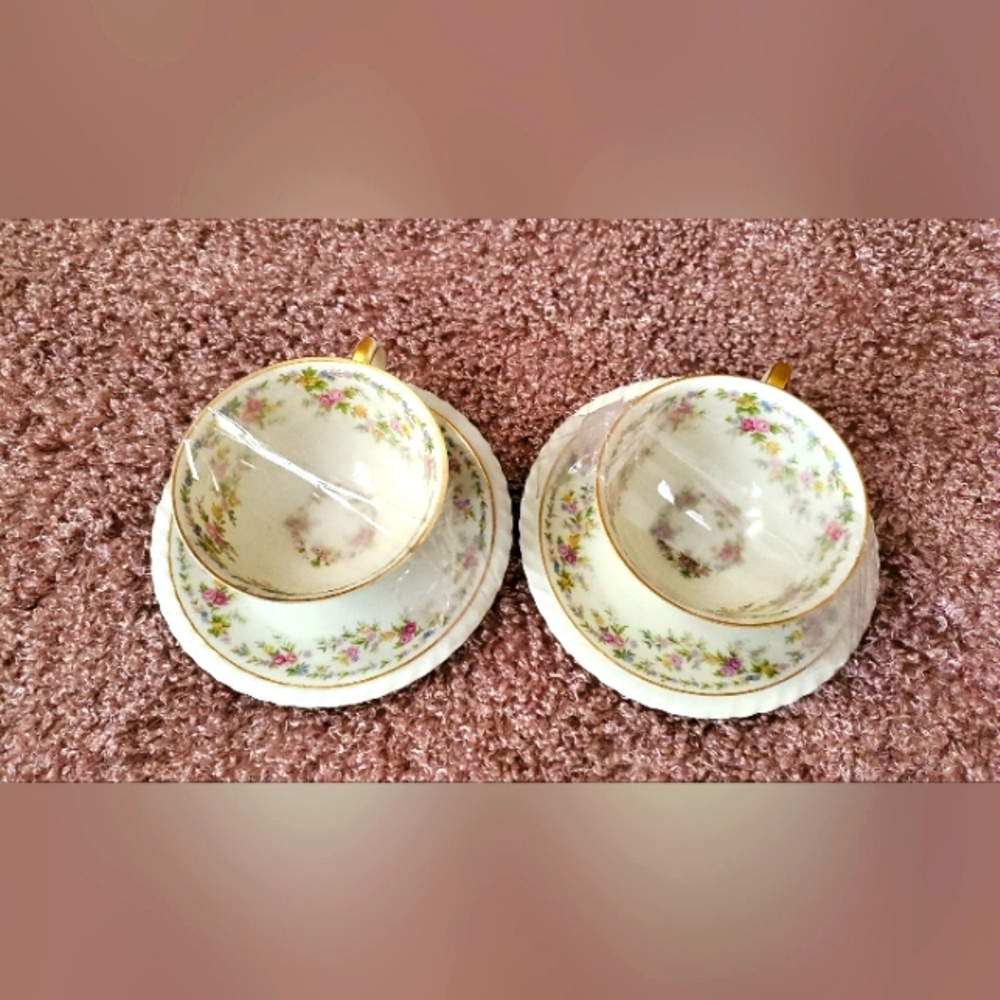 1960's- 2 Tea cup Set Princess Chalfonte Czechoslovakia Floral, Gold Trim - Picture 1 of 5